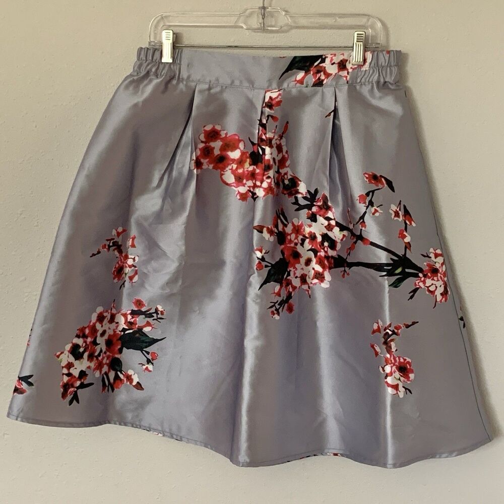 NEW Allegra K Women’s Silver Floral Shiny A-line Pleated Knee Length Skirt Large